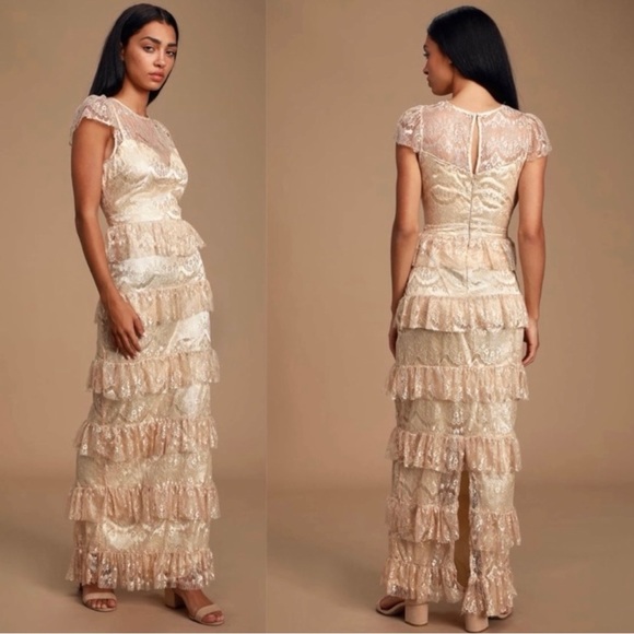 NWT Romantic Daydreamer Champagne Lace Tiered Maxi Dress - Picture 2 of 14